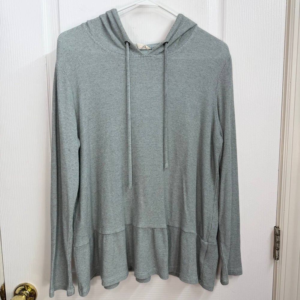 Jane & Delancey blue green hooded ruffle hem waffle knit long sleeve shirt large